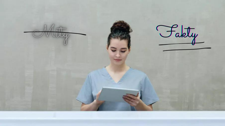 Grafika przedstawiająca młodą kobietę czytającą tekst na tablecie. Po lewej przekreślony napis 