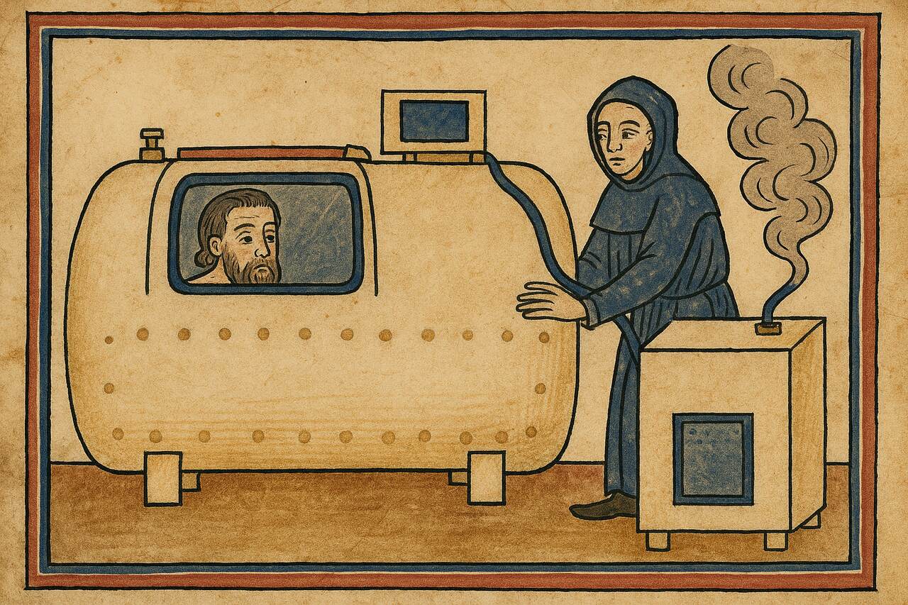 Obrazek poglądowy przedstawiający rysowaną scenę stylizowaną na ilustrację ze średniowiecznego manuskryptu: kobieta obsługuje komorę hiperbaryczną, wewnątrz której możemy dostrzec twarz mężczyzny.