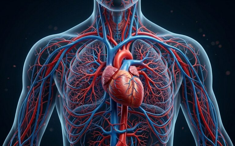 Schemat układu krwionośnego z sercem w centralnym miejscu, foto poglądowe.